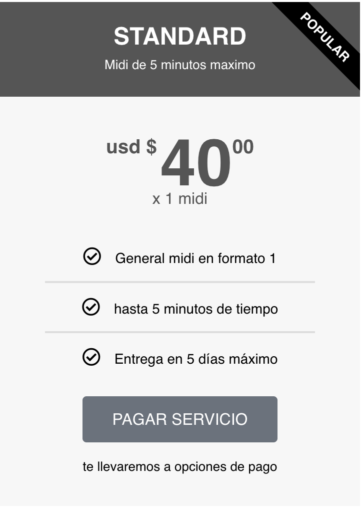 Standard - Fabrica de 1 midi de 5 minutos de tiempo máximo (servicio) Hacemos el midi que necesites, solo completa el procedo de solicitud y lo haremos!
